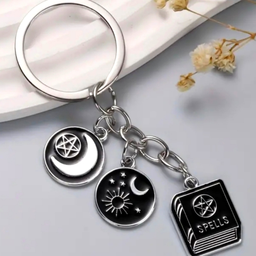 Black enamel spell book sun moon Keychain witchy